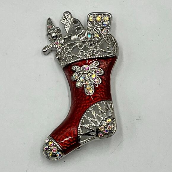 Red Enamel Silver Rhinestone Brooch Christmas Open Work Stocking Brooch Presents - Picture 1 of 6